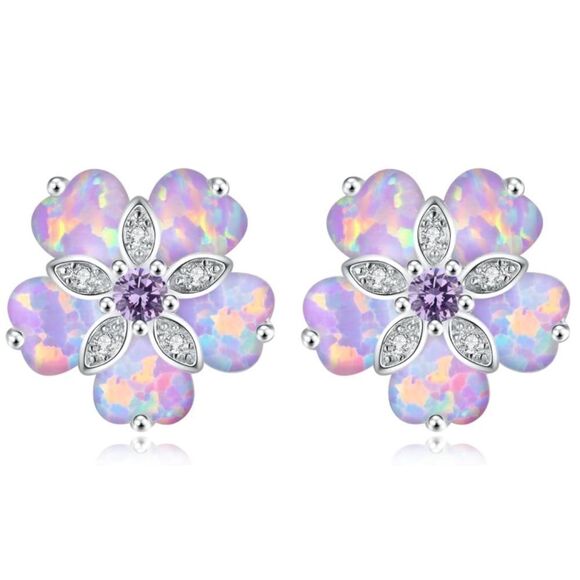 925 Sterling Silver with Purple Fire Opals and Purple Topaz Flower Stud Earrings